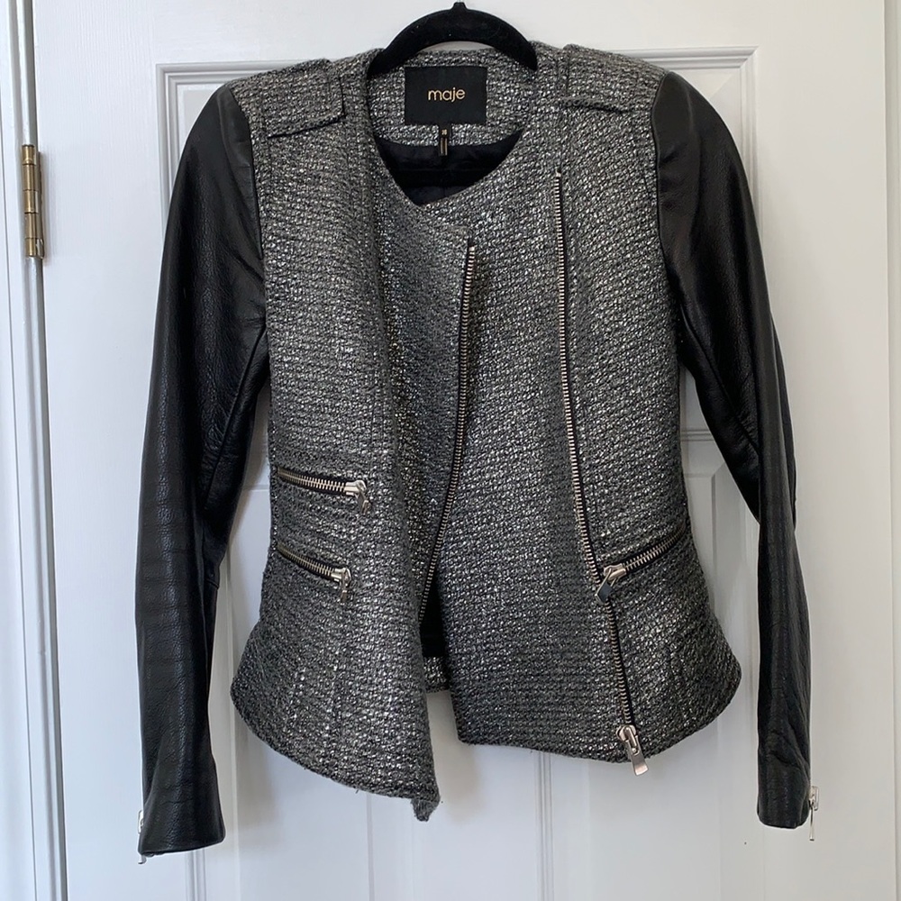 Maje tweed leather biker jacket